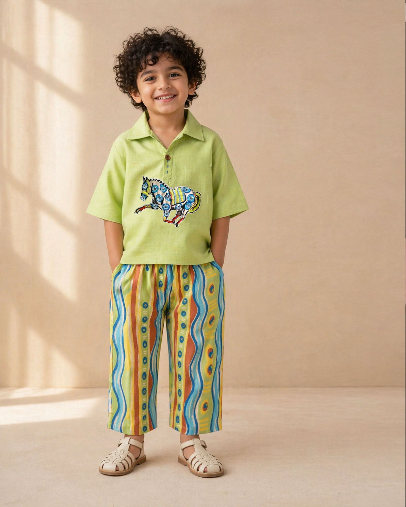 Lime green boys co-ord set with embroidered horse motif and vibrant striped pants by LAAD.