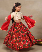 Young girl wearing LAAD’s  floral red rose lehenga set with embroidered perfect net lehenga choli with dupatta girls festive wear for kids, perfect for weddings and celebrations.