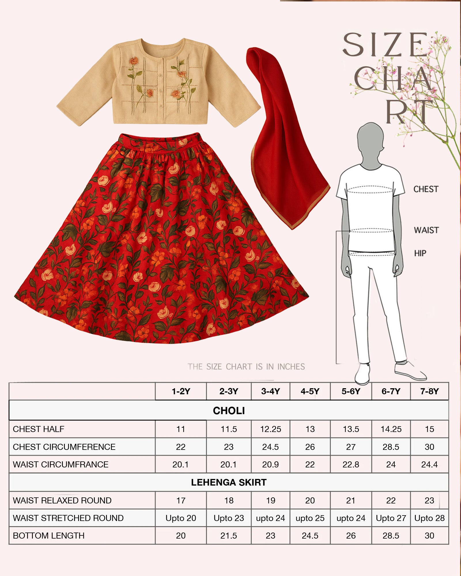 Young girl wearing LAAD’s floral red rose lehenga set with embroidered blouse and dupatta – festive ethnic wear for kids, perfect for weddings and celebrations.