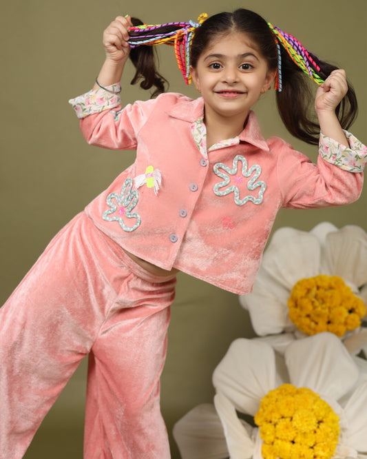 Unleash imagination with our Rosy braided co-ord! Cozy velvet, intricate embroidery, soft cotton lining. Perfect for winter playdates. By laadindia.com