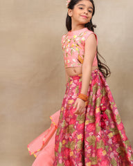 Girl in festive pink floral  rosy ruffle  lehenga set with embroidered crop top – handcrafted kids ethnic wear by LAAD