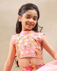 Girl in festive pink floral rosy ruffle  lehenga set with embroidered crop top – handcrafted kids ethnic wear by LAAD