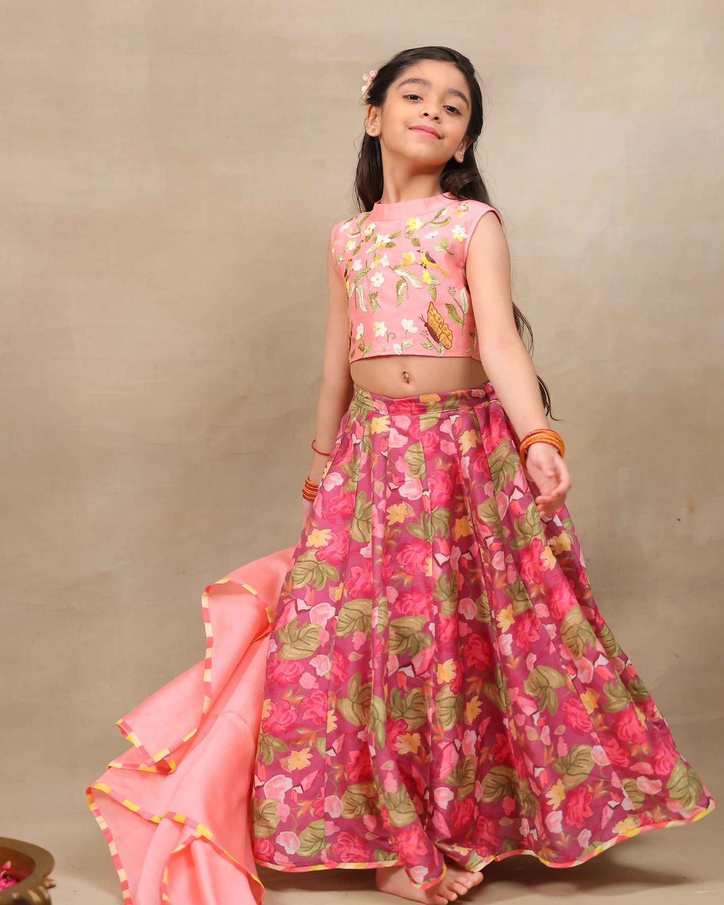 girl in rosy ruffle lehenga with dupatta , cunnari lehenga for laadli clothing made by laadindia  perfect ethnic wear and indian traditional wear for girls 