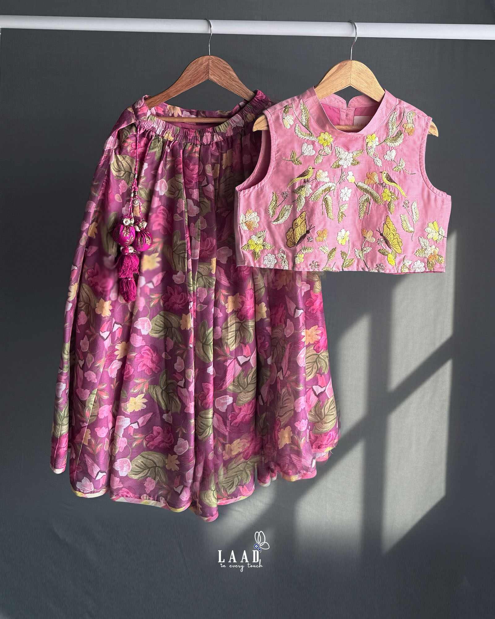 girl in rosy ruffle lehenga with dupatta , cunnari lehenga for laadli clothing made by laadindia  perfect ethnic wear and indian traditional wear for girls 