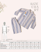 laad`s Kids' striped co-ord set with a long-sleeve shirt and shorts, featuring soft beige and gray tones. Embroidered seahorse detail adds a playful touch. Lightweight, breathable fabric for all-day comfort.