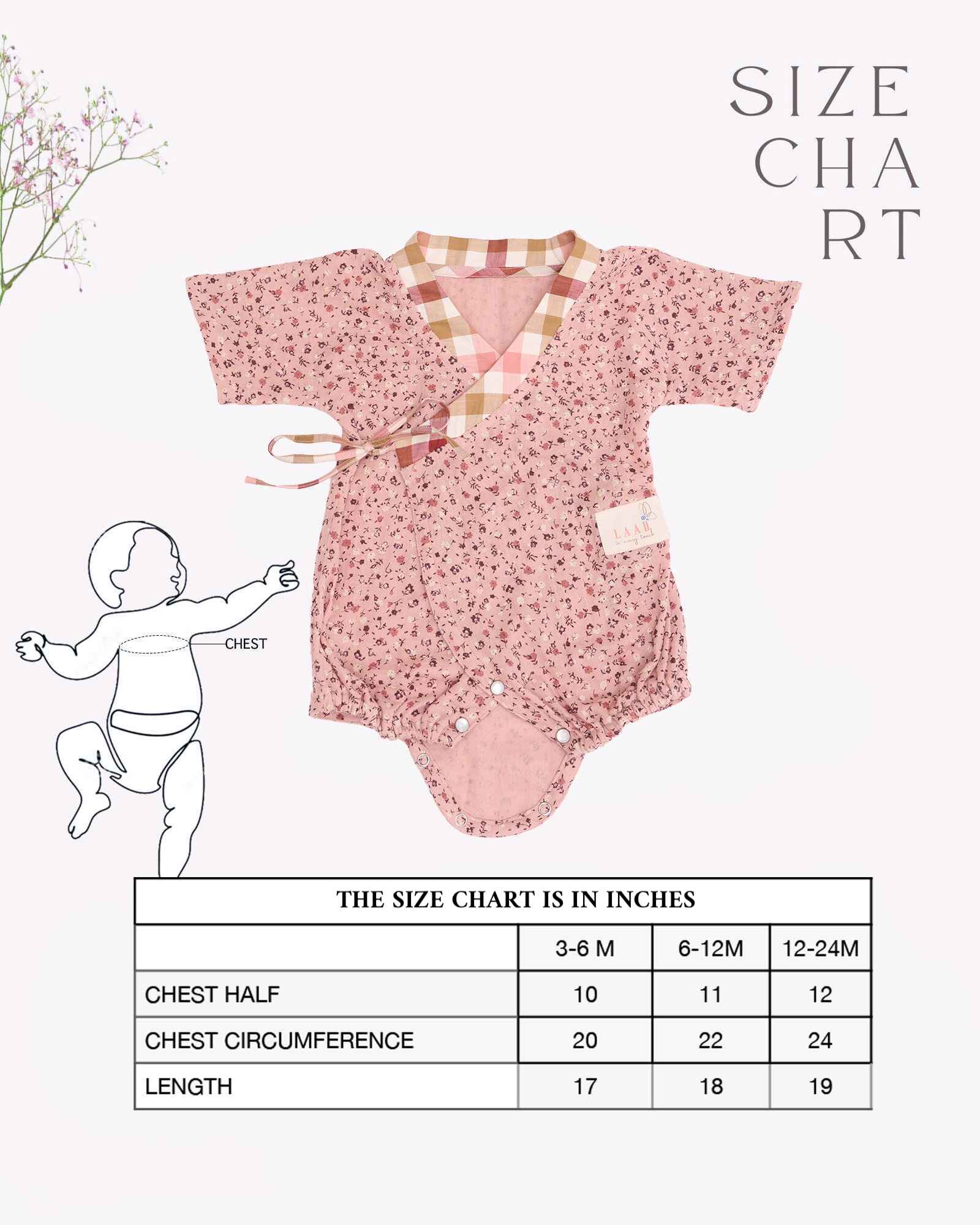Baby romper size chart by LAAD India – pink floral wrap-style bubble romper with checkered neckline. Includes chest and length measurements for 3months to 24 months