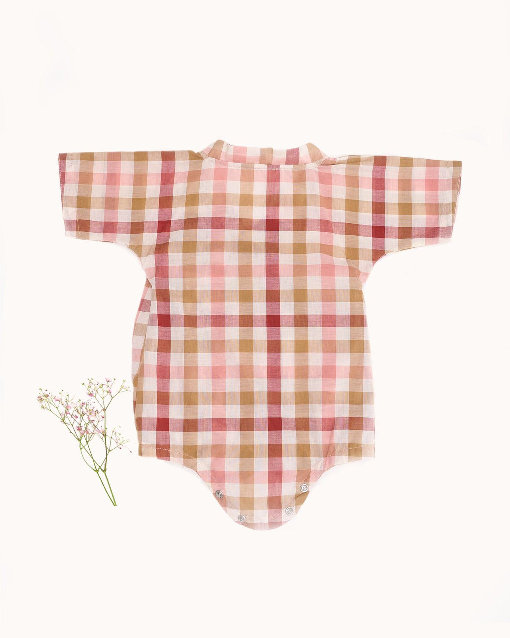 LAAD`S toddler wearing soft check kimono style ,  printed cotton romper