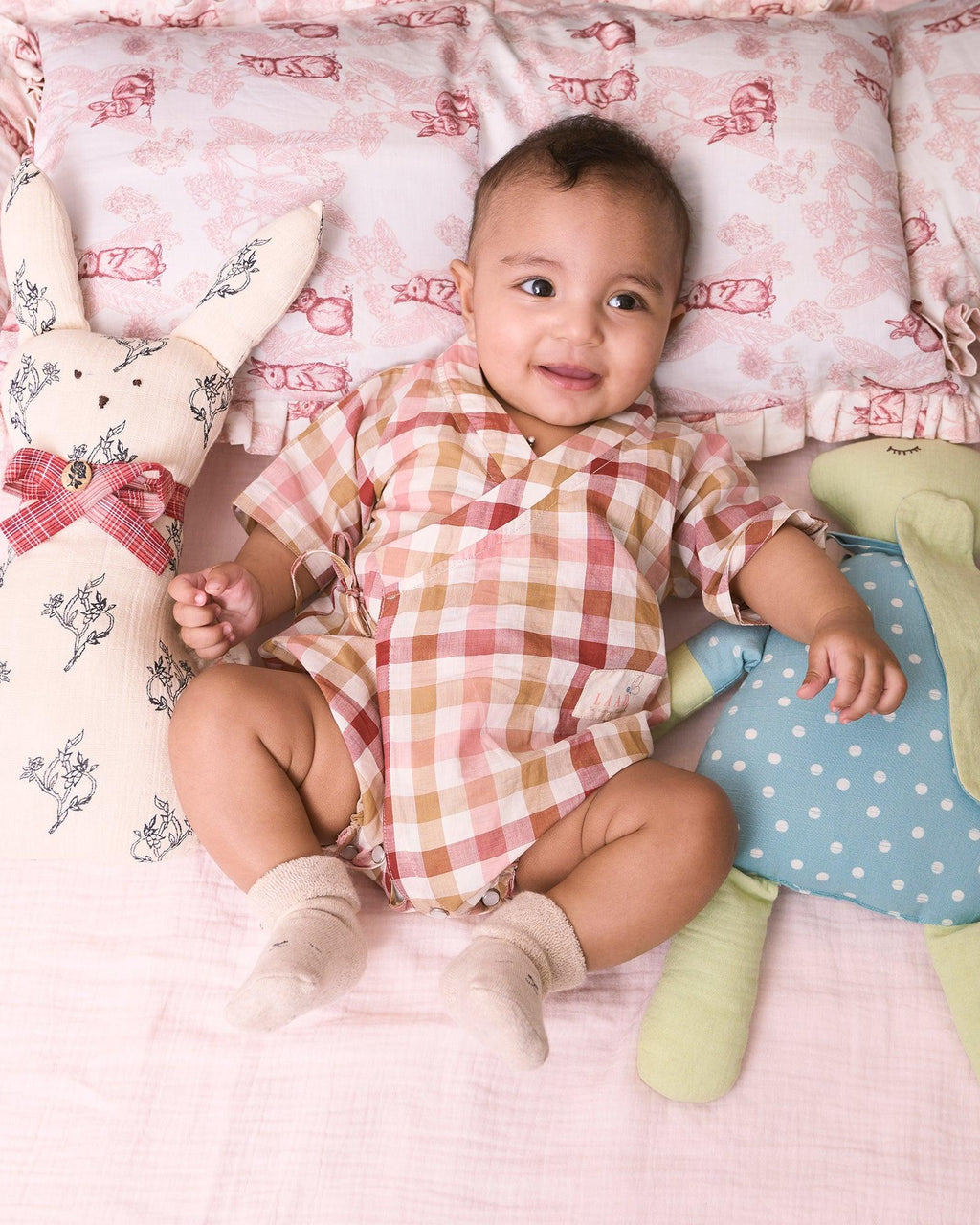 LAAD`S toddler wearing soft check kimono style ,  printed cotton romper