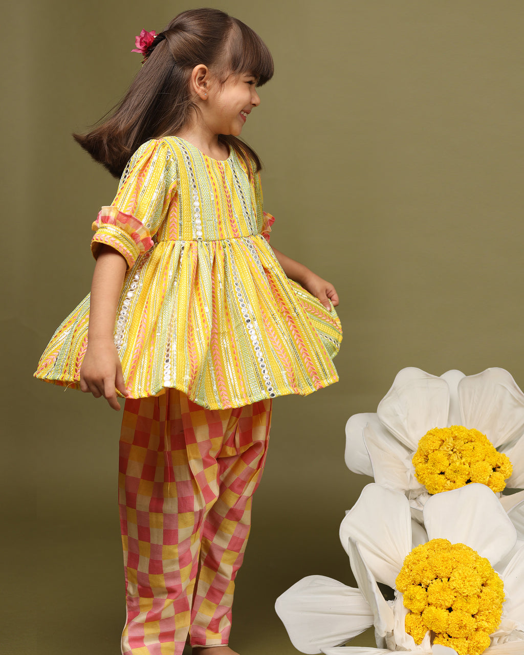 Sun-kissed mirror peplum with dhoti is perfect for festive occasions! Comfortable cotton lining, snap button closure, 3/4 sleeves with frill cuffs, and stylish checkered dhoti with side opening by laadindia.com