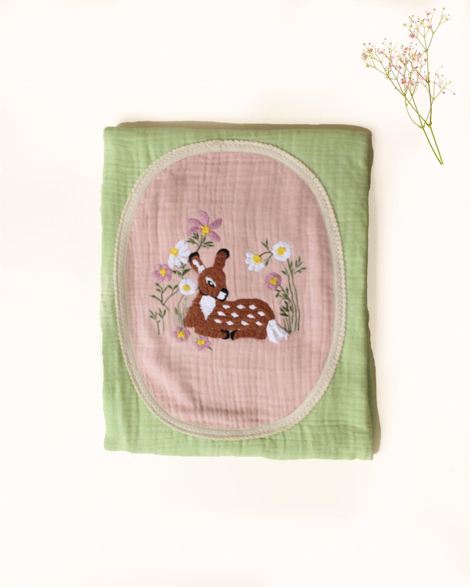 Hand-embroidered Bambi dohar in rich tomato green! Luxurious 6-layer muslin for sweet dreams