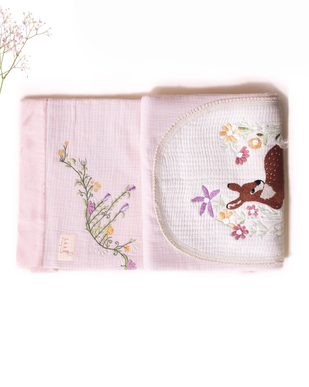 Hand-stitched Bambi dohar: nestled in flowers. 100% cotton muslin for ultimate softness & sleep.touchoffushiabambi dohar