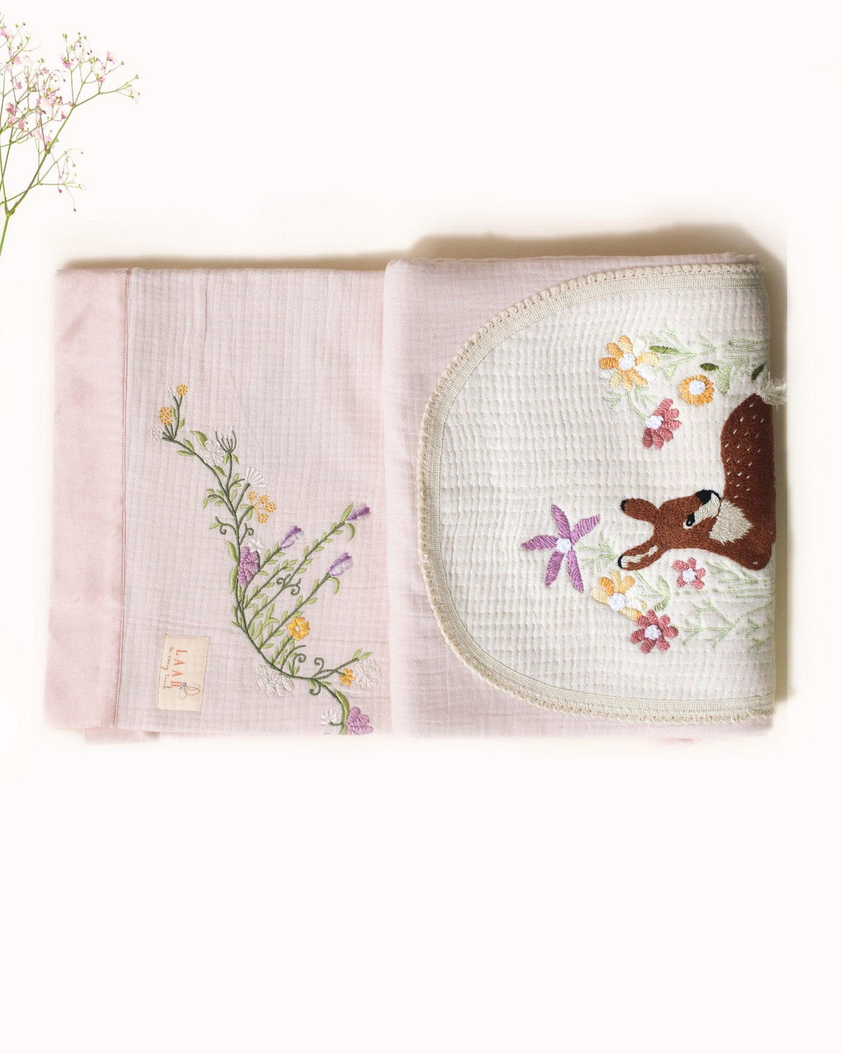 Hand-stitched Bambi dohar: nestled in flowers. 100% cotton muslin for ultimate softness & sleep.touchoffushiabambi dohar