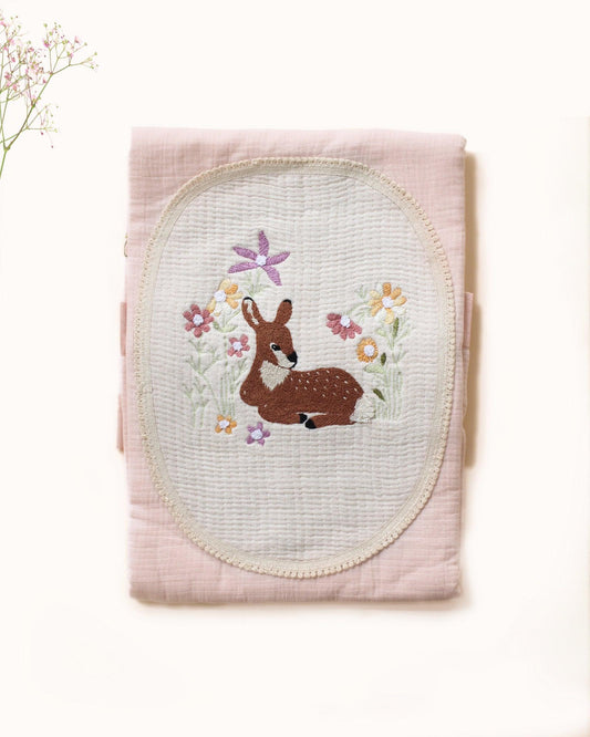 Hand-stitched Bambi dohar: nestled in flowers. 100% cotton muslin for ultimate softness & sleep.touchoffushiabambi dohar