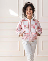  laad kid in White rabbit patchwork bomber jacket playfully features bunny details