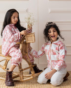 Laad`s kid in Full-length one piece sunlit ghera dress lehenga style with hand-embroidered crocheted flowers, umbrella sleevess