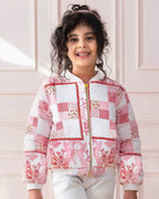 girl wearing laad's scralet colour white rabbit ptchwork bomber jacket 