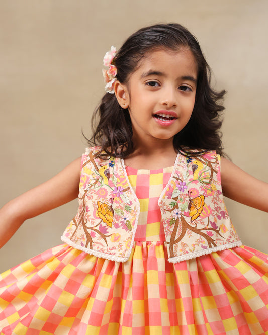 Girl wearing the Zinnia Sharara Set, featuring a vibrant checkered kurta with embroidered and printed jacket detailing along with flared and golden sharara pants, perfect for festive occasions.