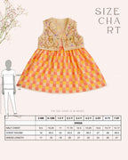 Girl wearing the Zinnia party wear DRESS featuring a vibrant checkered kurta with embroidered and printed jacket detailing , perfect for festive occasions and birthday party
