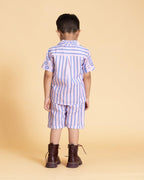 Aline fun print half-sleeve ameba co-ord boy`s holiday shirt and shorts  featuring wooden buttons and stylish strips . A perfect boy`s matching co-ord set and girls co-ord set .