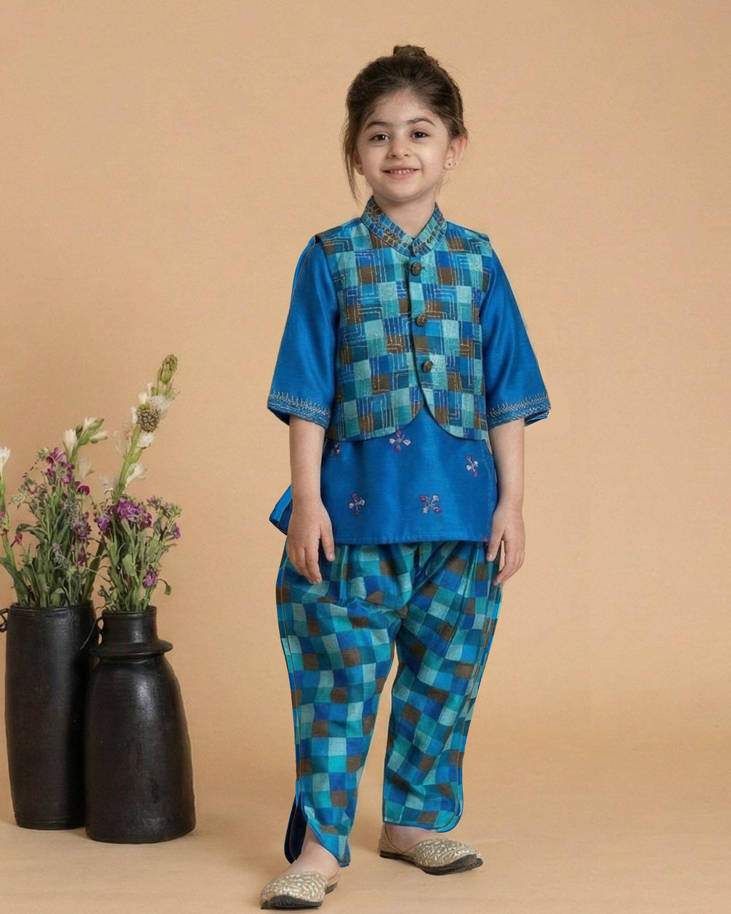 Azure mocha waist coat  featuring a luxurious silk Chanderi check pattern. The waist coat boasts intricate embroidery, a classic bandhgala collar, detailed look for festive occasions.