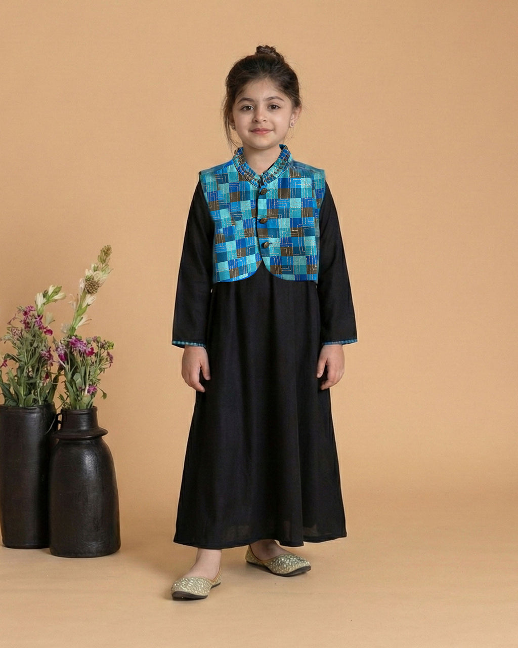 Azure mocha waist coat  featuring a luxurious silk Chanderi check pattern. The waist coat boasts intricate embroidery, a classic bandhgala collar, detailed look for festive occasions.