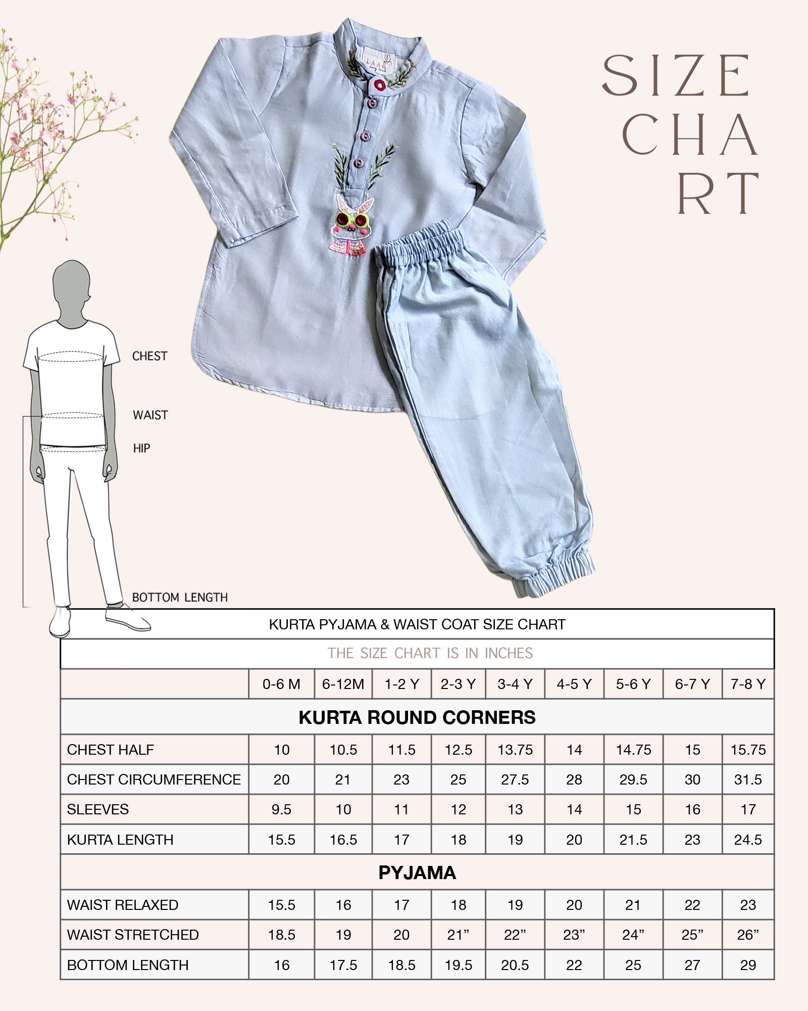 Baby blue bun bandhgala kurta pyjama set   features intricate hand embroidery around the placket and collar with a delightful Bluey motif and shimmering mirror glare details. Fun, colorful buttons add a playful touch, while solid elastic pyjamas ensure comfort and a secure fit