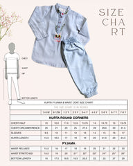 Baby blue bun bandhgala kurta pyjama set   features intricate hand embroidery around the placket and collar with a delightful Bluey motif and shimmering mirror glare details. Fun, colorful buttons add a playful touch, while solid elastic pyjamas ensure comfort and a secure fit