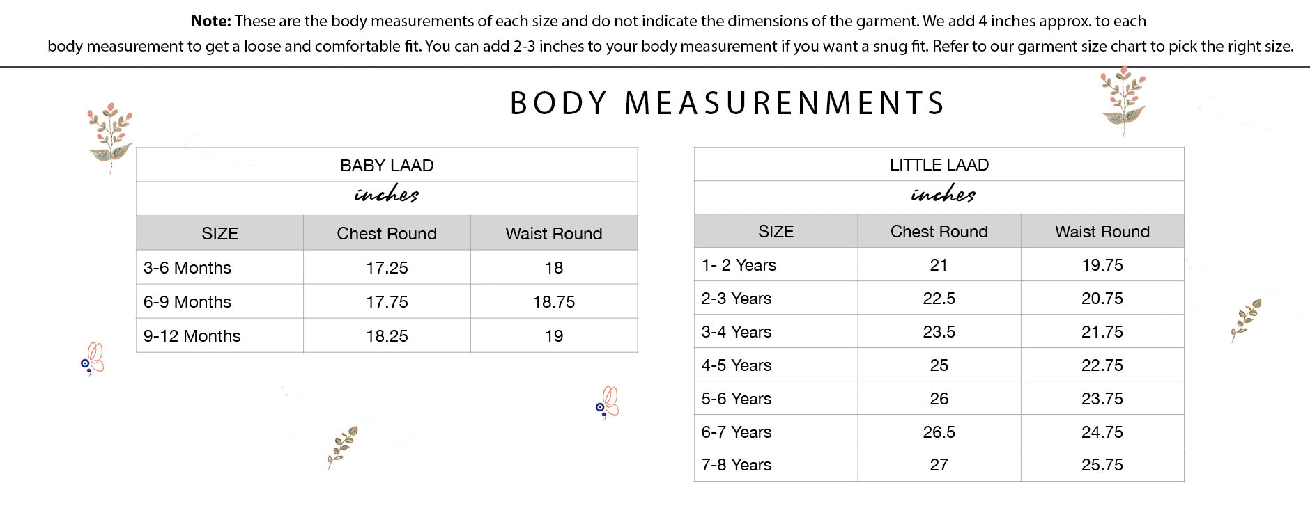 LAAD kidswear body measurement size chart for Baby LAAD (3–12 months) and Little LAAD (1–8 years) showing chest and waist round measurements in inches