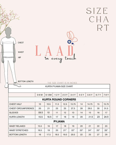LAAD’s kurta pyjama size guide for kids – find the right fit for boys kurta pyjama set. Easy chart for festive wear, weddings & everyday comfort.