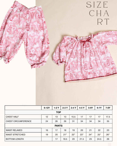 Indulge in timeless elegance with our Victorian-inspired toile rabbit print co-ord set. Featuring lace trims, frilled sleeves, and pleated hems, it blends vintage charm with comfort.
