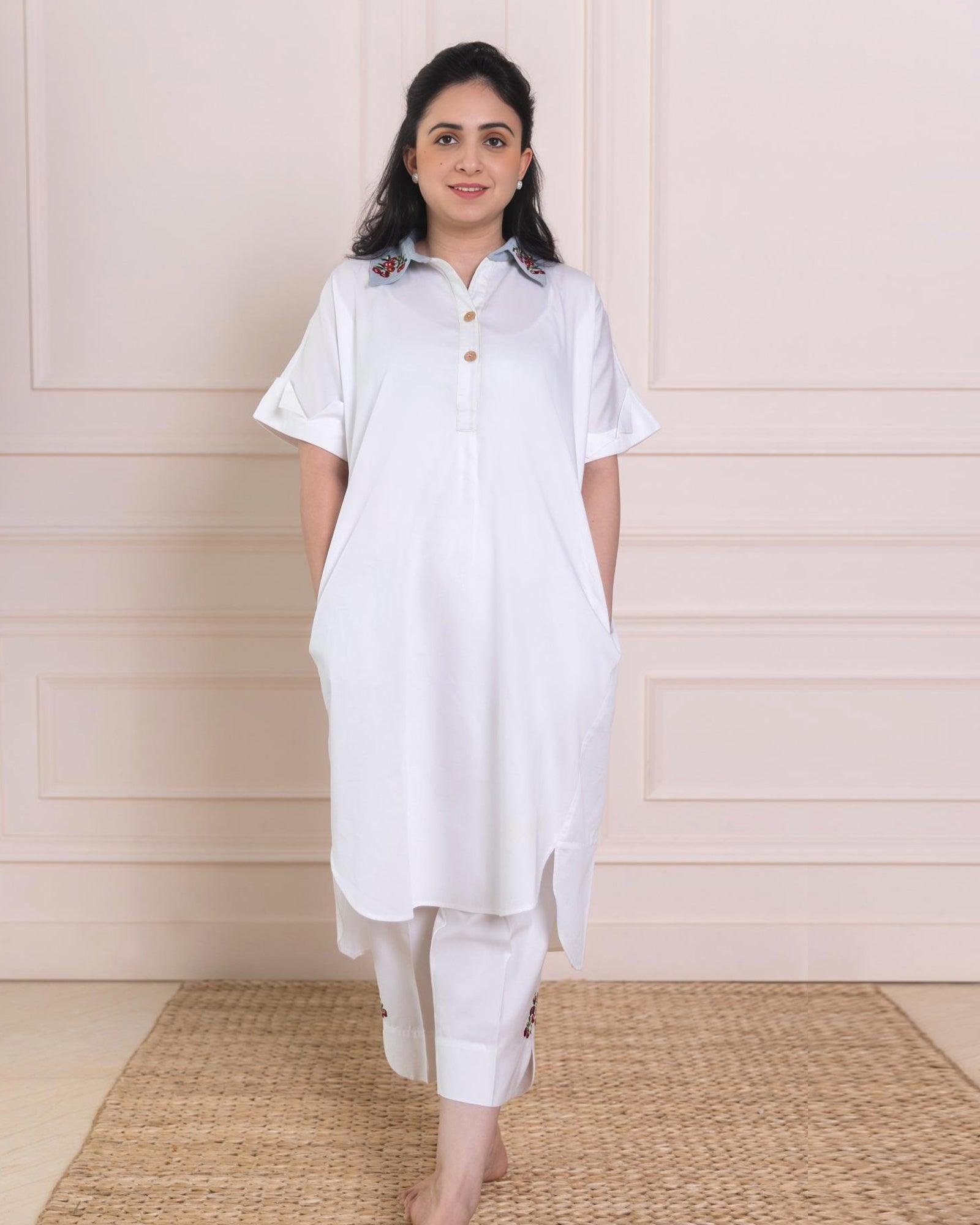 Exquisite summer cherry on top  co-ord! Pristine white top with charming grey collar & embroidered cherries (free size). White capris with V-cut & cherry details. Effortless style for any occasion.  