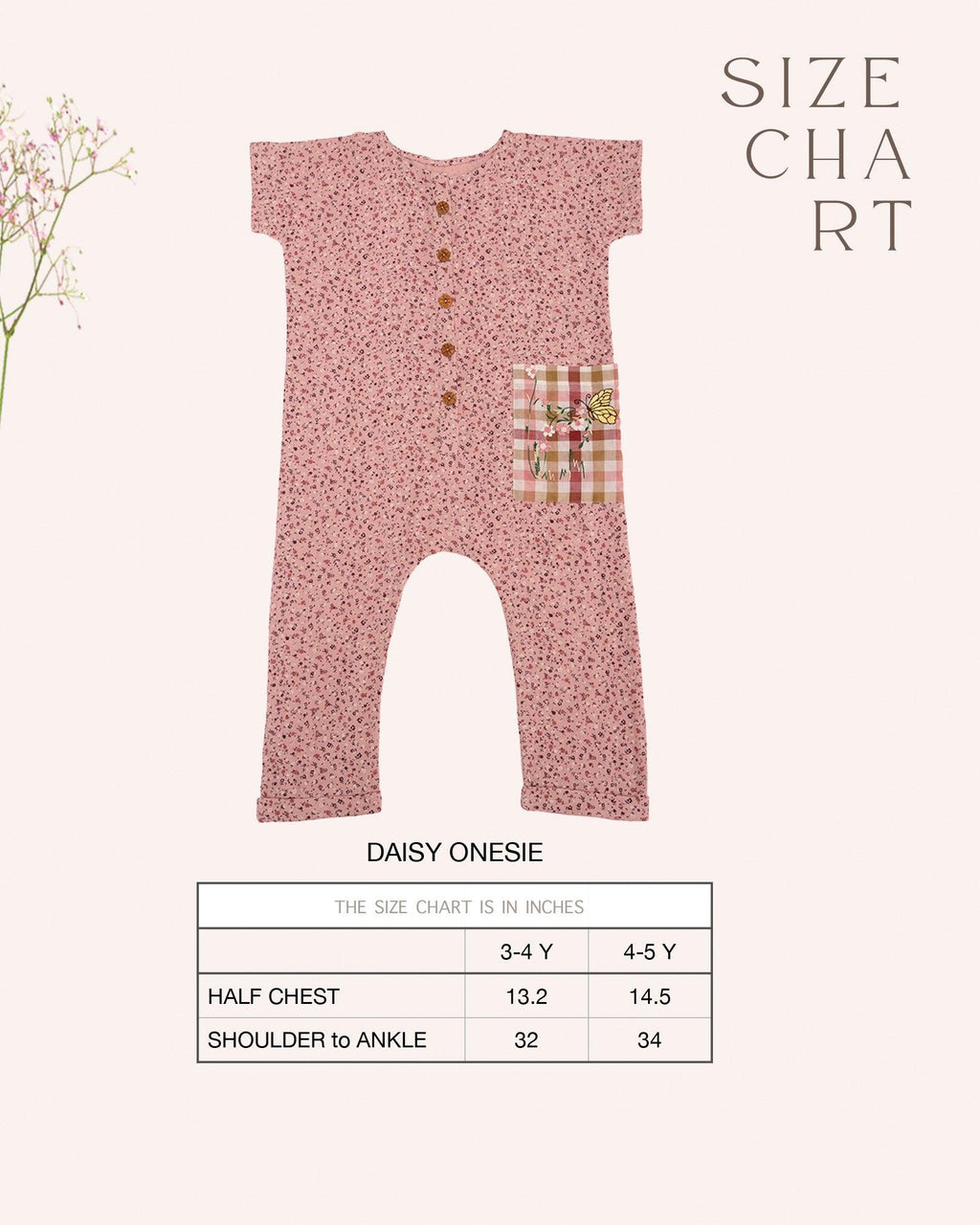 Laad`s child is wearing the adorable daisy onesie boasts a comfy round neck & wooden button front. A spacious pocket is adorned with charming hand-embroidered flowers & butterflies. Super soft fabric & a relaxed fit keep your little one happy & comfy all trip long!