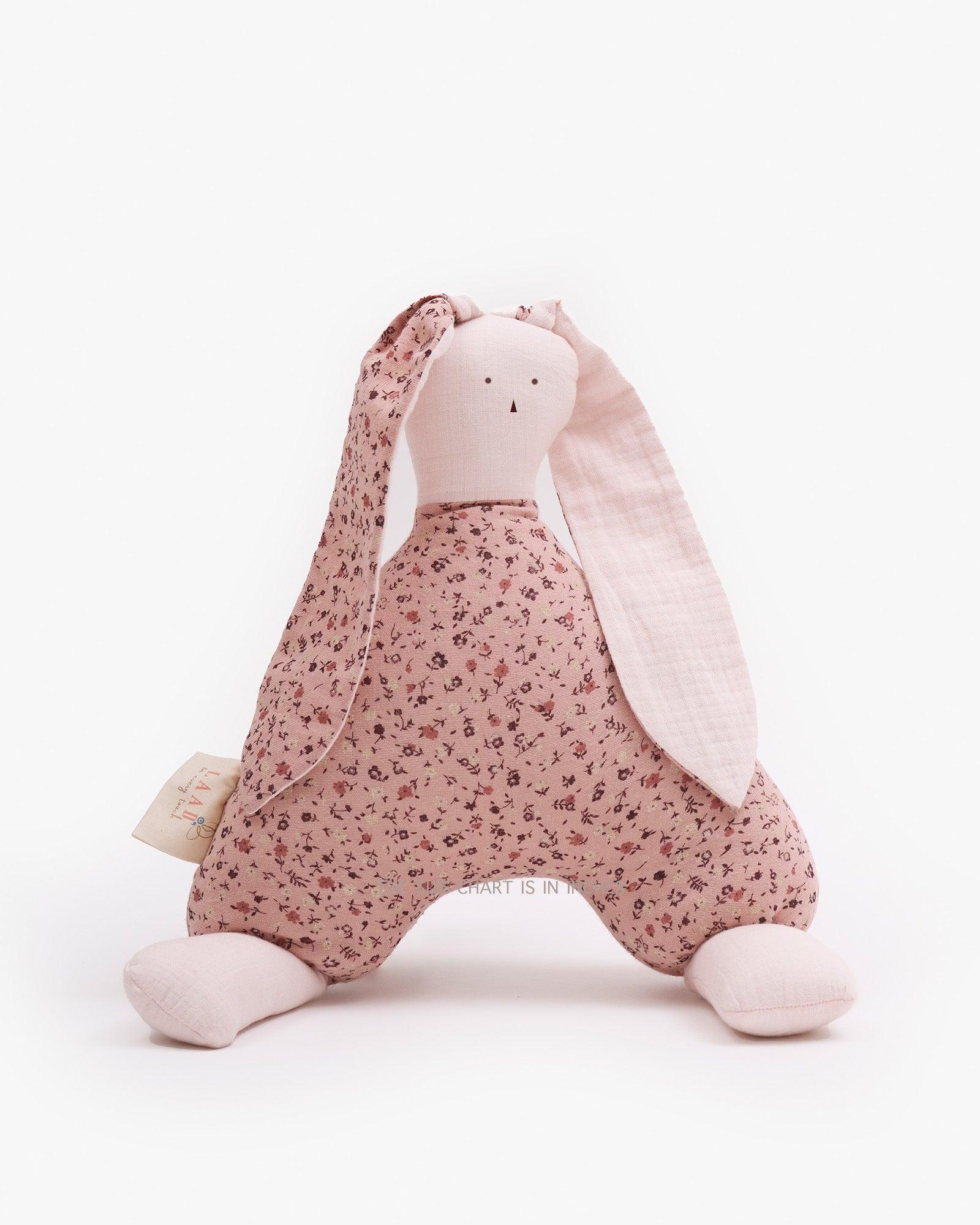 Handcrafted soft ella toy in blush pink floral fabric with long ears – safe and cuddly gift for babies and toddlers by LAAD"