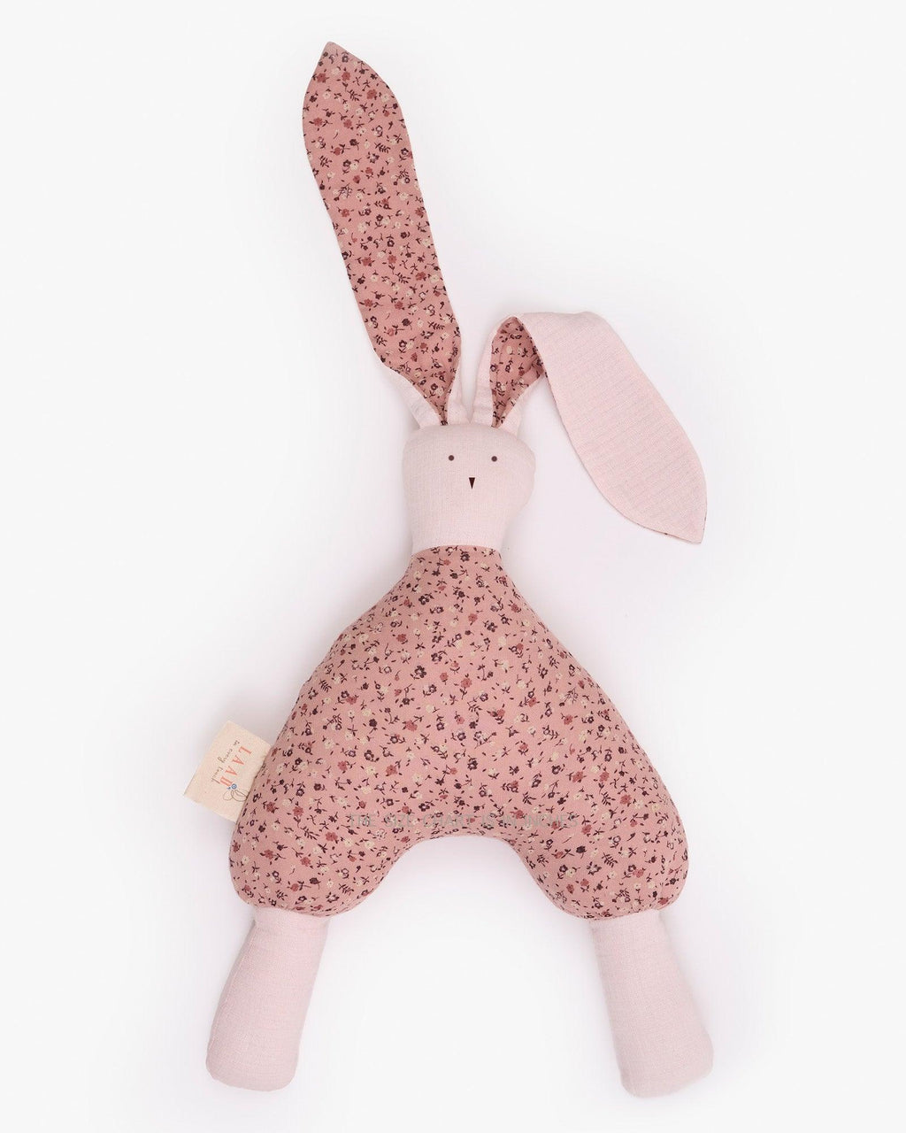 Handcrafted soft ella toy in blush pink floral fabric with long ears – safe and cuddly gift for babies and toddlers by LAAD"