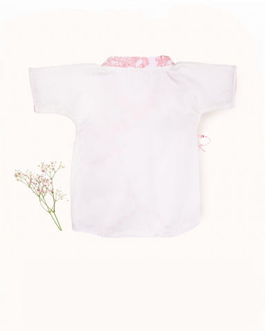 toddler girl wearing soft white kimono style , with printed fashion collar.