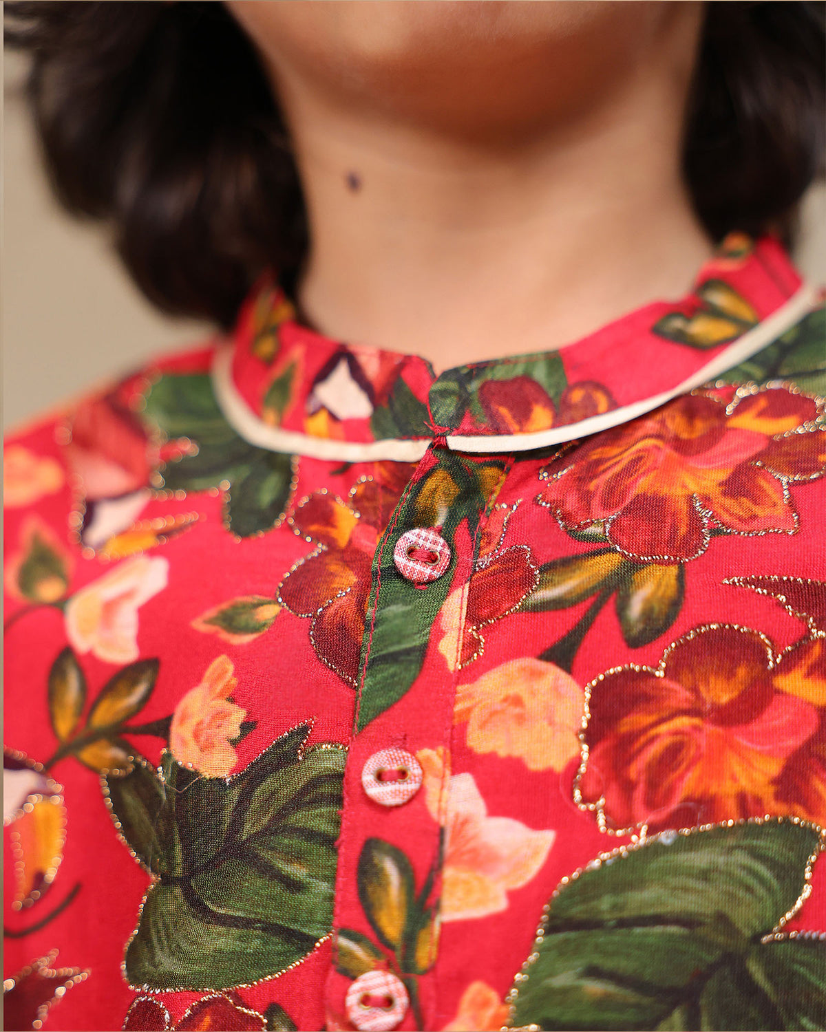 Laad`s Child wearing a floral print gul bagh kurta pyjama set full-sleeve embroidered kurta set, perfect festive wear for boys . Handcrafted in laadindia best kids wear shops in india.