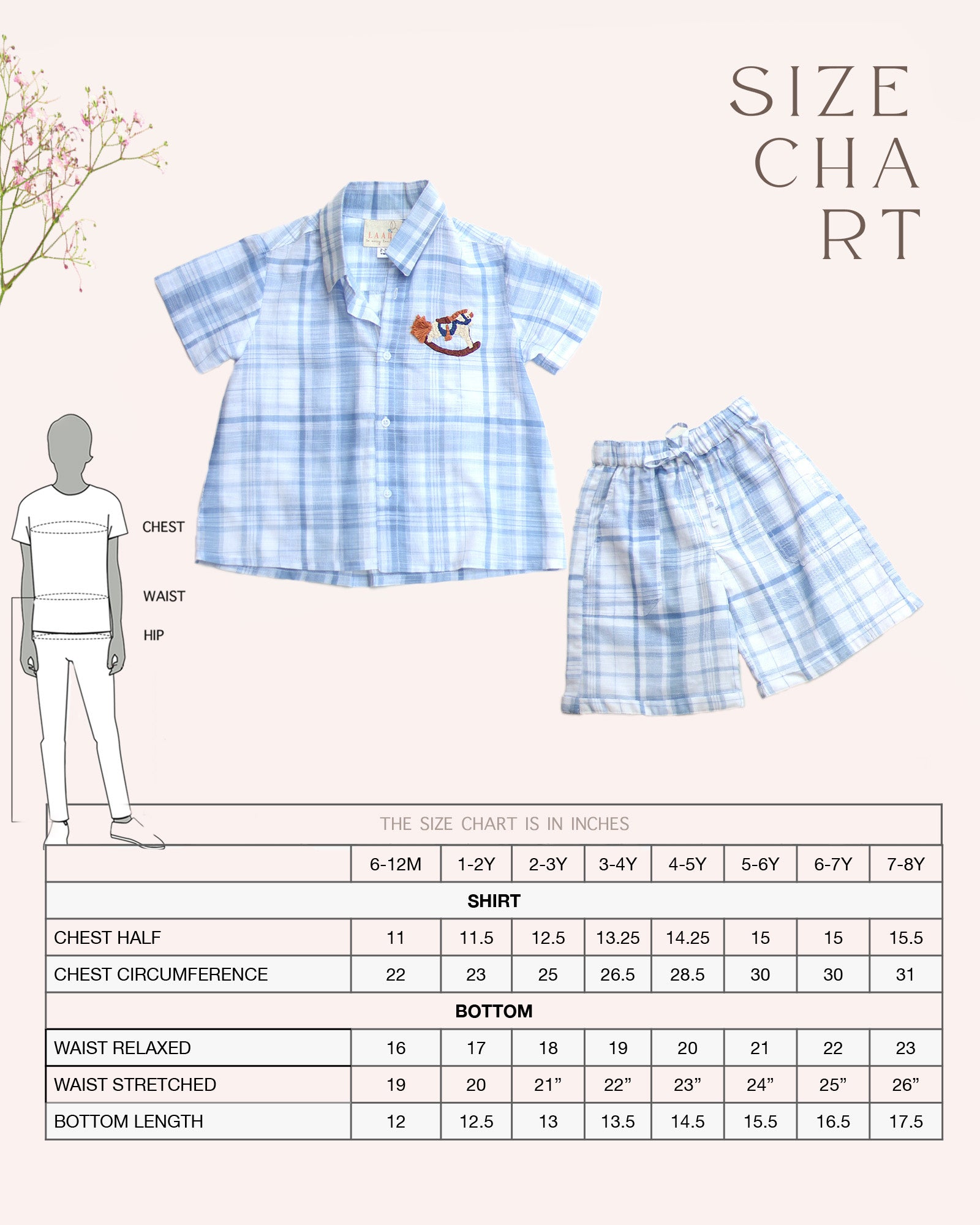 LAAD`S kids in co-ord set featuring a light blue and white shirt with hand-embroidered playful  horse . perfect occasion  birthday party wear by laadindia.