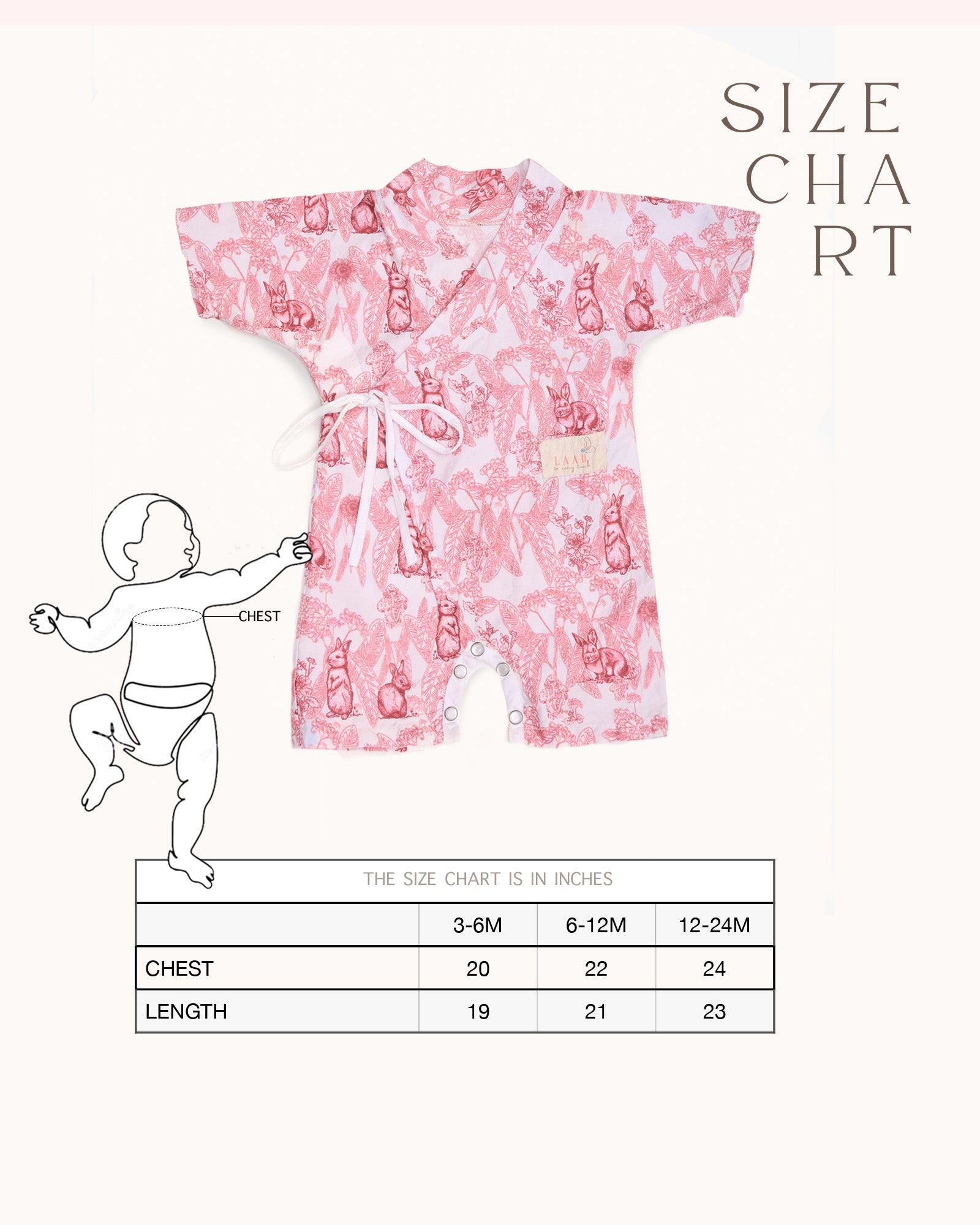 A premium cotton Kimono Romper with a whimsical bunny wonderland print in soothing pink tones. Featuring side tie closures for easy dressing and snap buttons at the crotch for quick diaper changes, this wrap-style romper offers a snug and adjustable fit. Made from 100% natural cotton