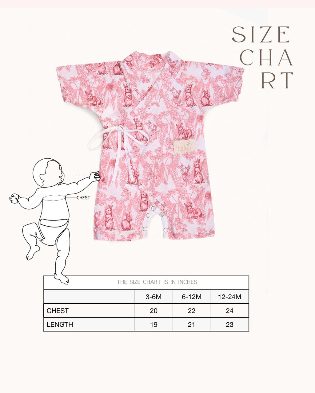 A premium cotton Kimono Romper with a whimsical bunny wonderland print in soothing pink tones. Featuring side tie closures for easy dressing and snap buttons at the crotch for quick diaper changes, this wrap-style romper offers a snug and adjustable fit. Made from 100% natural cotton