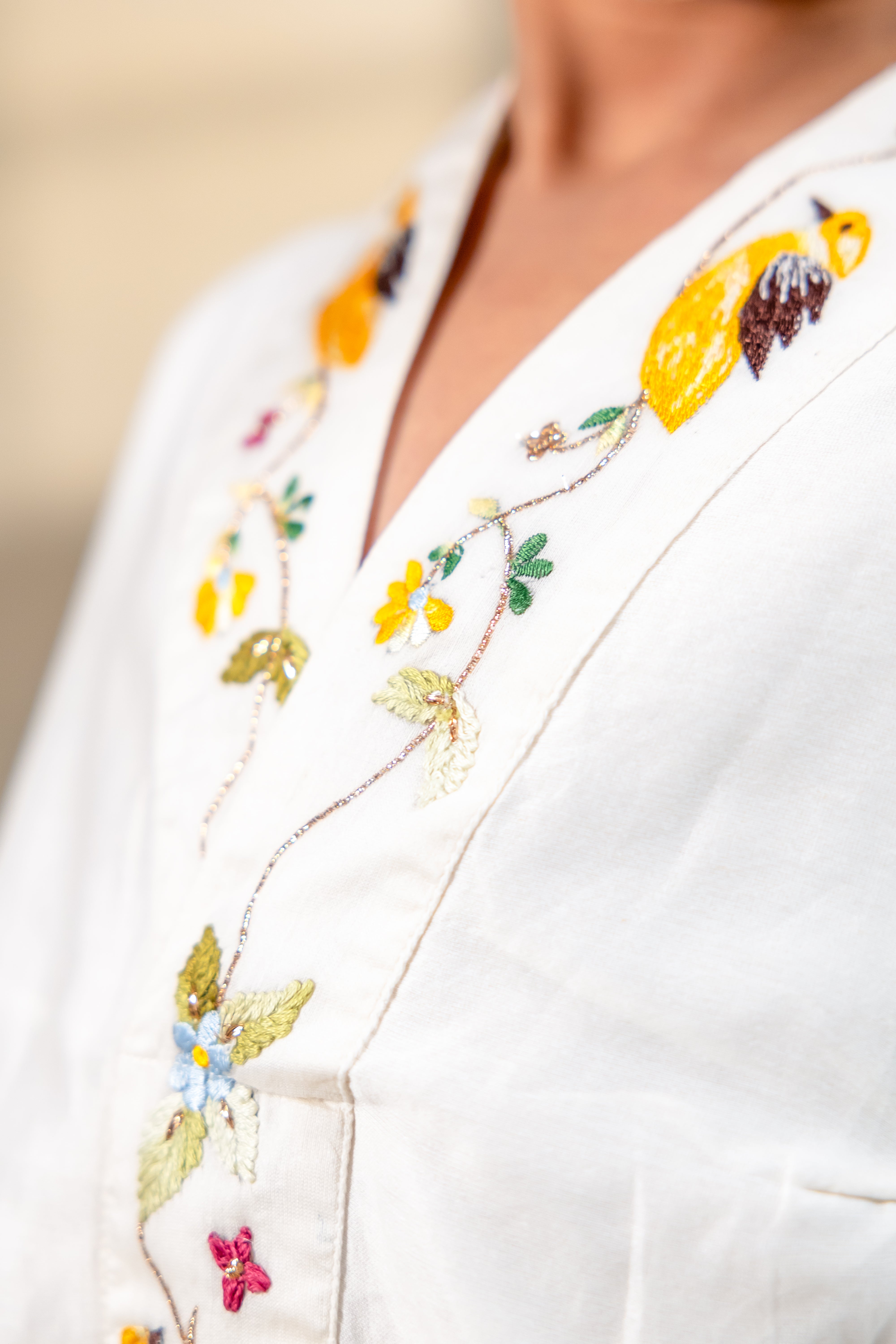 Little girl in a white hand-embroidered A-line dress with flared sleeves and colorful bird and floral detailing, holding a wicker basket.
