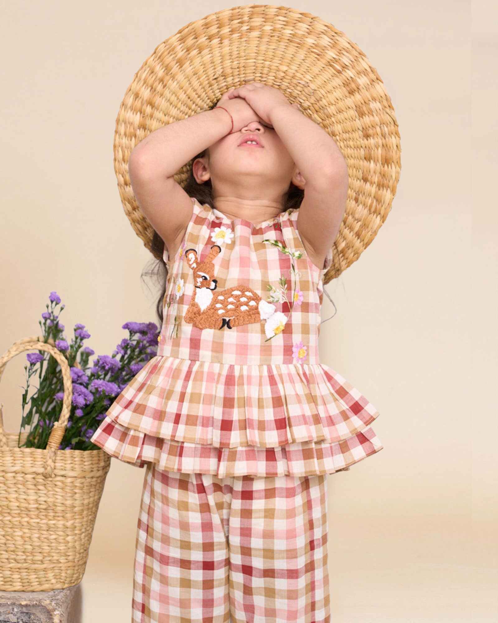 Bambi co-ord features hand-embroidered Bambi, peplum top & comfy pants. Soft fabric, gentle on skin. 