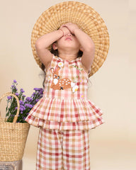 Bambi co-ord features hand-embroidered Bambi, peplum top & comfy pants. Soft fabric, gentle on skin. 