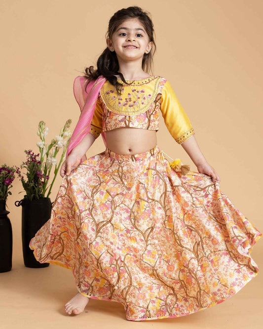 A girl in maize lehenga  a floral embroidered blouse and skirt with badla work, tassel tie-up, a perfect kids indian traditional wear by laadindia