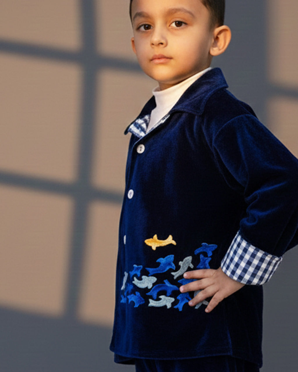 Midnite Shoal co-ord set by LAADINDIA.com, featuring a child dressed in a navy blue velvet co-ord with floating fish embroidery, front-open top with contrast check cuffs, and matching trousers for winter festive wear.
