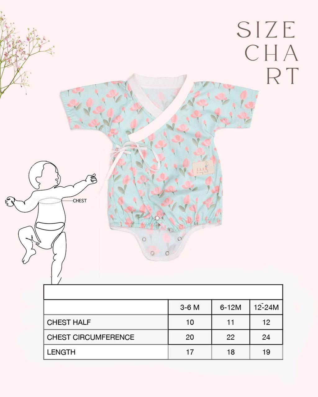 happy toddler Laad`s girl wearing a mint green kimono-style romper with pink tulip floral print .