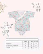 happy toddler Laad`s girl wearing a mint green kimono-style romper with pink tulip floral print .