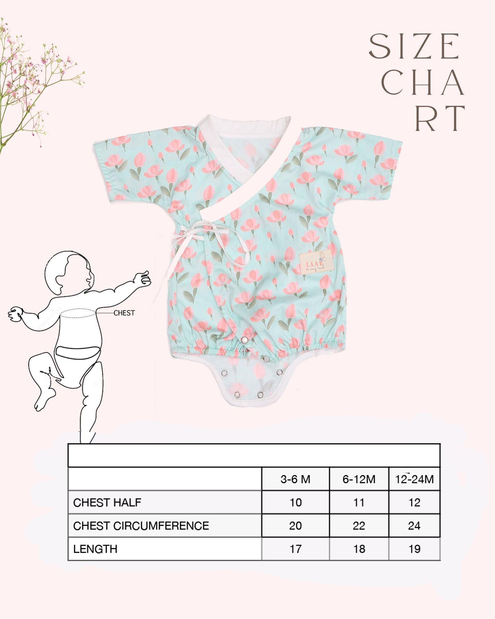happy toddler Laad`s girl wearing a mint green kimono-style romper with pink tulip floral print .