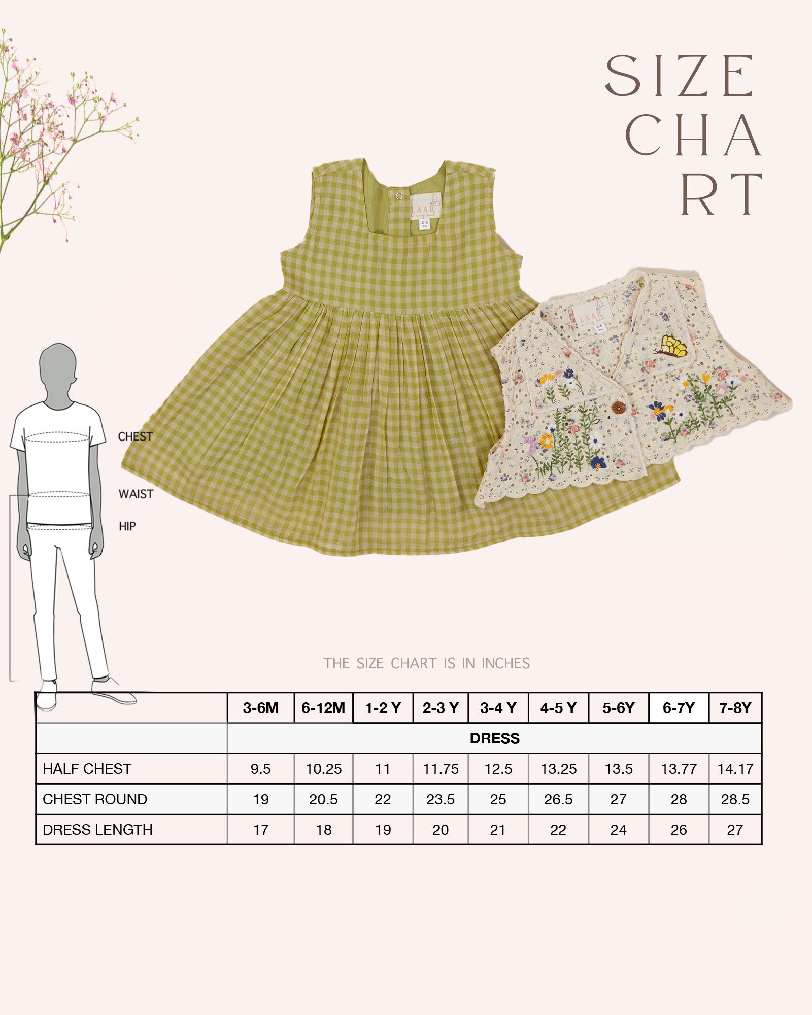 LAAD`S kid in Titalee moss green dress by Laad India, featuring delicate floral embroidery, an eyelet lace bodice, and a gingham checkered dress. A perfect blend of vintage elegance and modern comfort for your little one