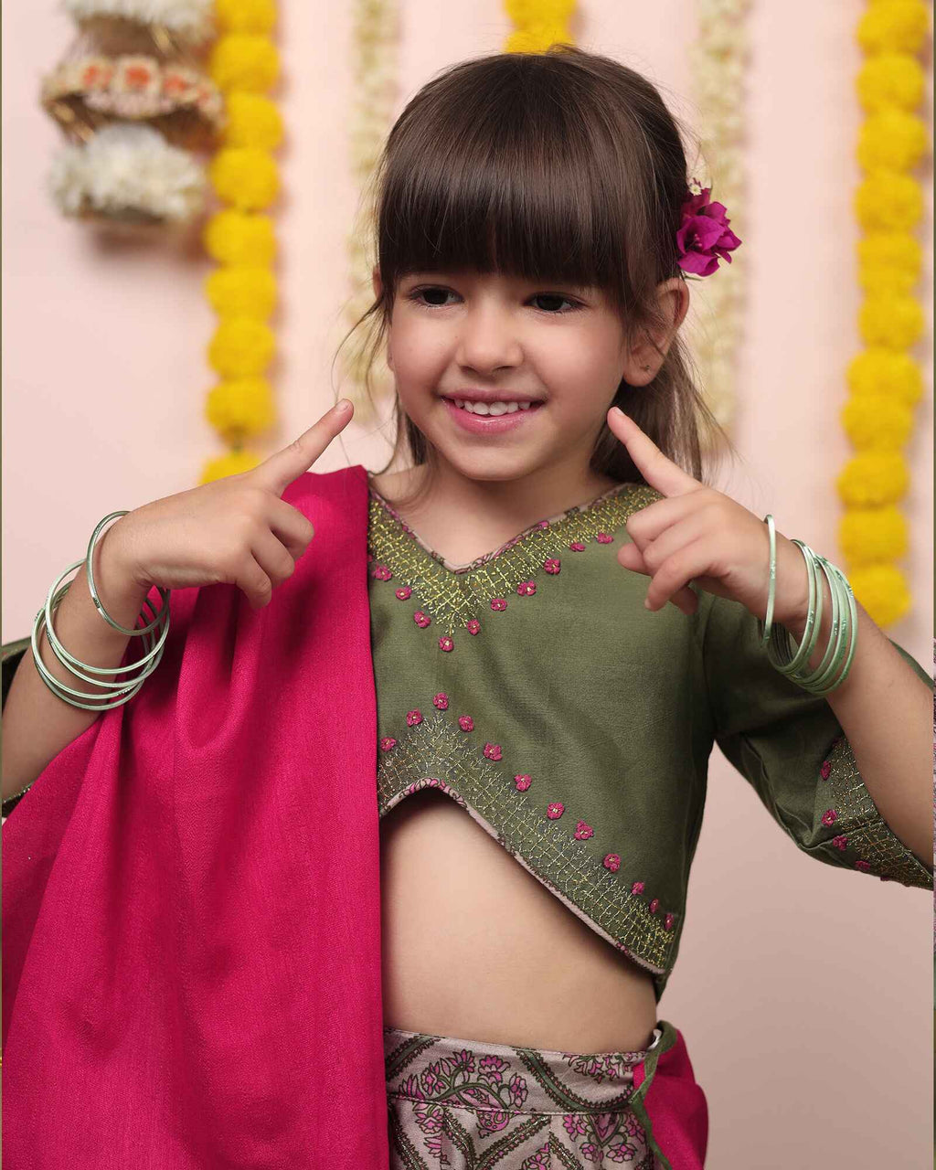 Moss green lehenga, blouse, dupatta. Silk chanderi, cotton mulmul lining. Hand-embroidered, badla work, ari-handwork. Paisley prints, beads and trims perfect wedding attire. by laadindia.com