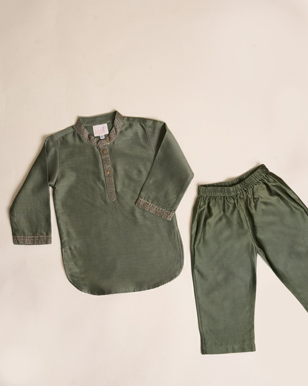 royal Moss Green Bandhgala Kurta Pyjama - Festive elegance. 2-piece set. Bandhgala collar, full sleeves. Knee-length kurta with badla work. Soft cotton lining perfect for baby skin by laadindia.com